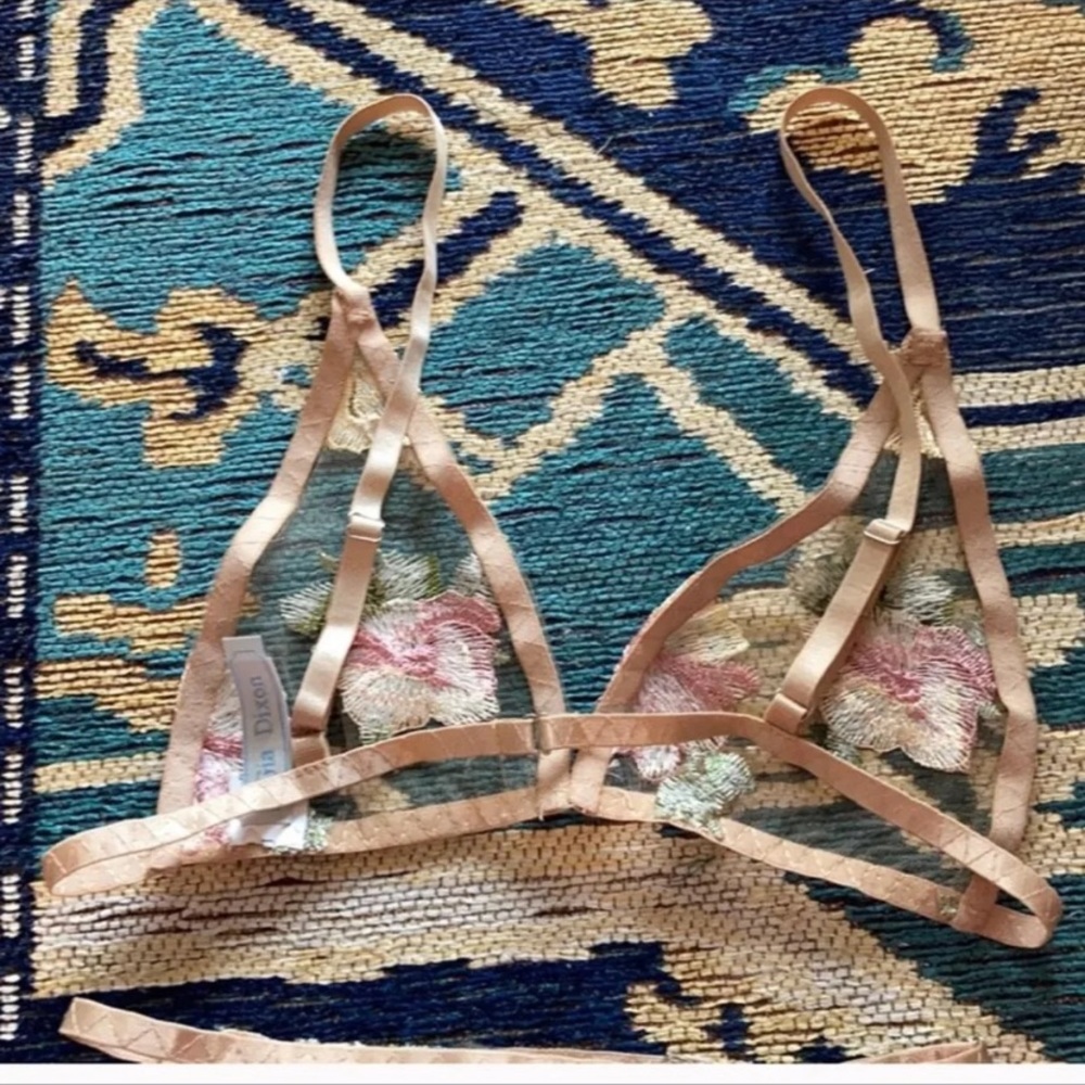 Nude M Floral Bra Thong Lingerie Set Sexy Bedtime Lounge Sleep Rose Appliqué - Picture 6 of 8
